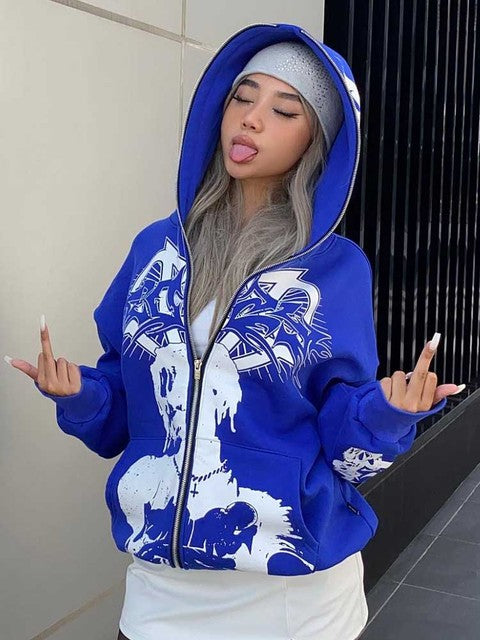 Y2K Harajuku EMO Skeleton Love Pattern Zipper Cardigan