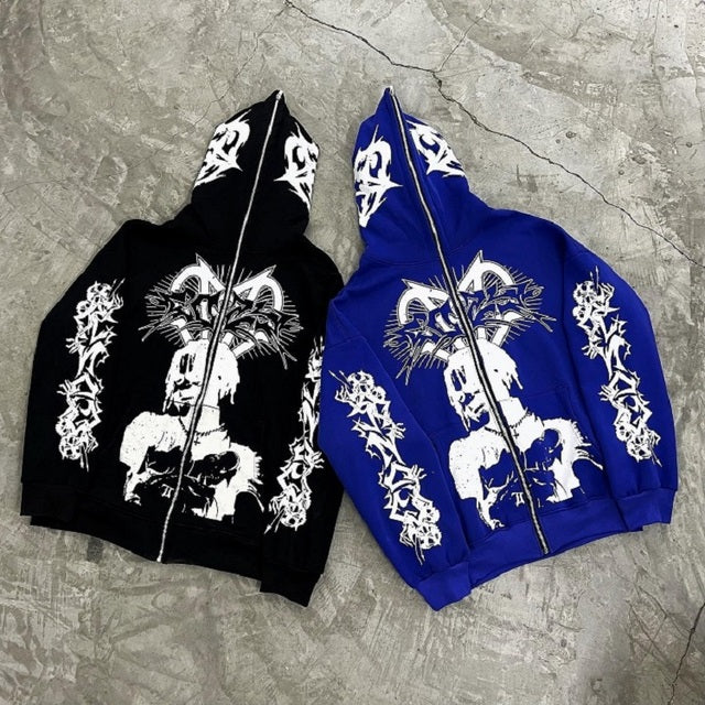 Y2K Harajuku EMO Skeleton Love Pattern Zipper Cardigan